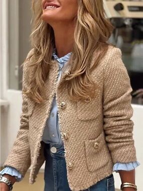 Womens Cream Bouclé Button-Front Jacket